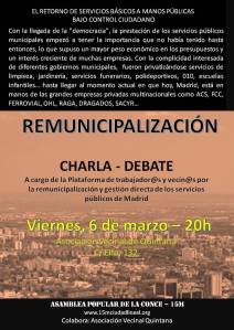 Cartel Charla-Debate remunicipalización. Viernes 6 de marzo 20h. AV Quintana